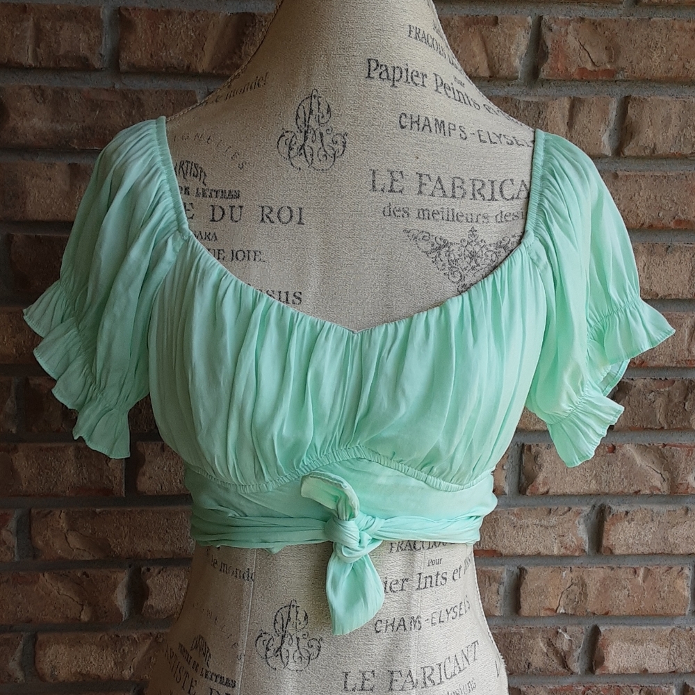 Cellecci Mint Green Cropped Wrap Short Sleeve Top.